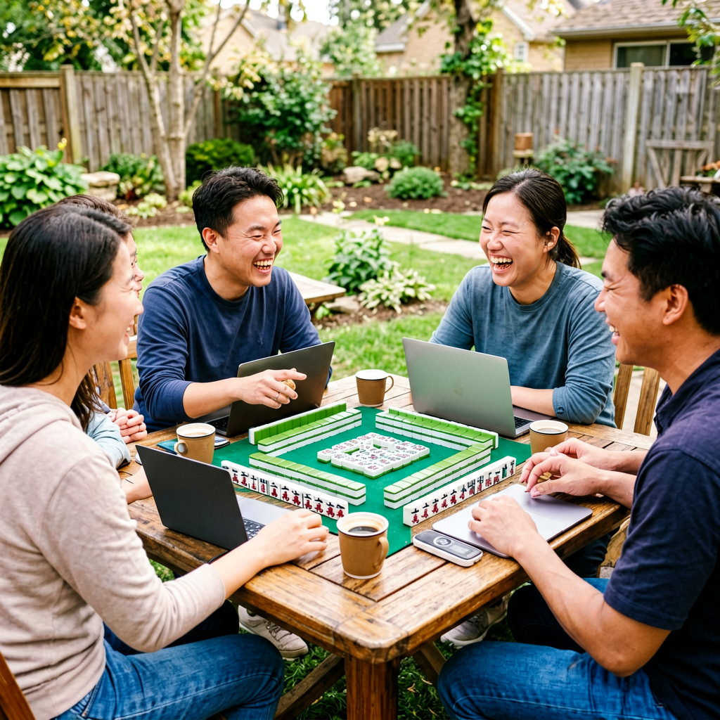 Friends playing American mahjong at a cafe table with coffee