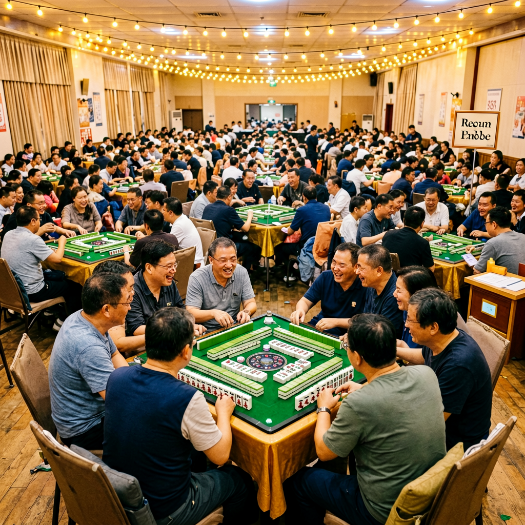 A packed community mahjong night with many tables