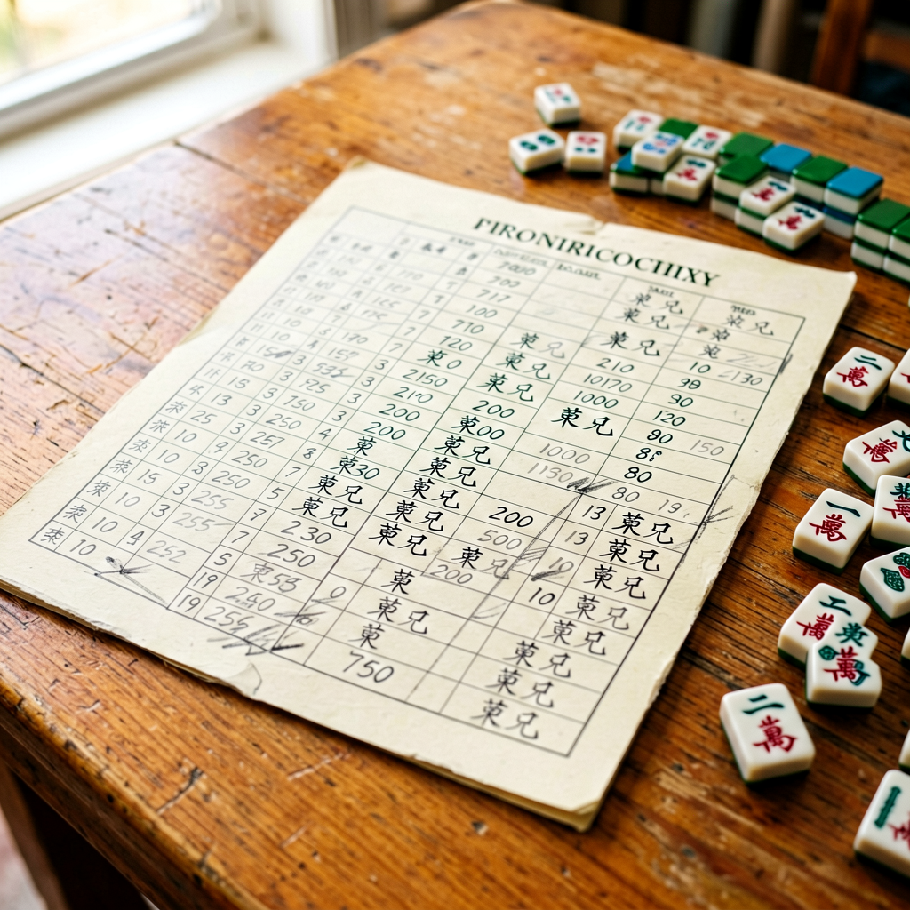 Close-up of an American mahjong scorepad with player initials and pencil marks