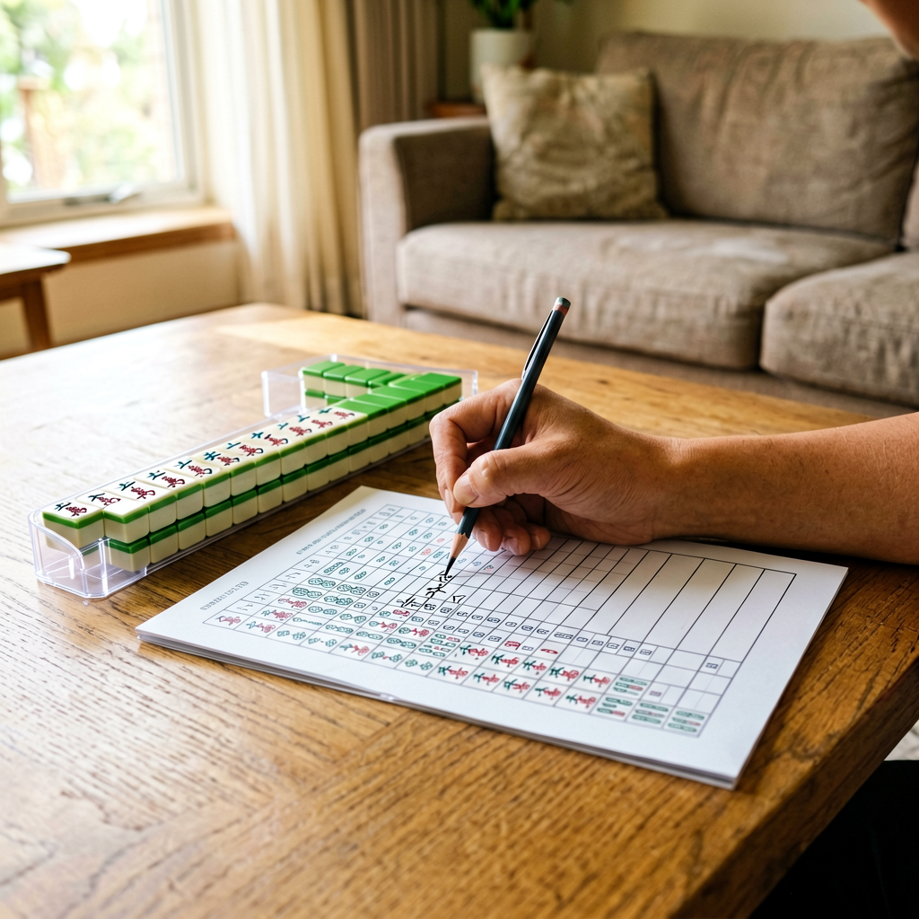 A hand writing on a mahjong scorecard next to a tile rack
