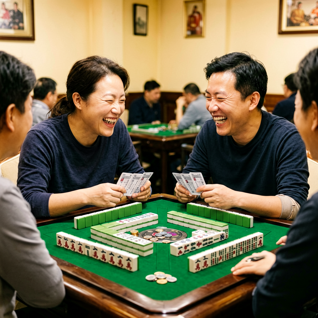 Players comparing scorecards and laughing at the end of a mahjong game