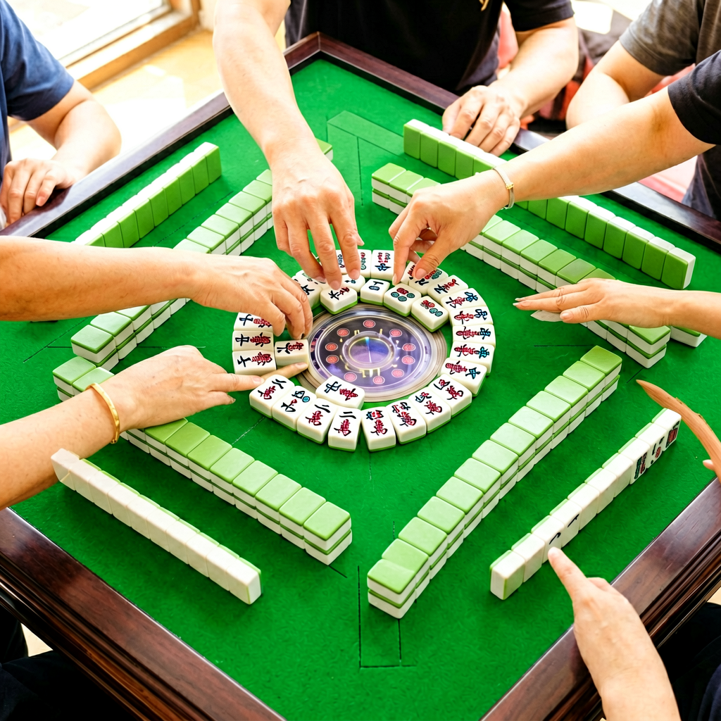 Hands dealing mahjong tiles from the wall onto four racks