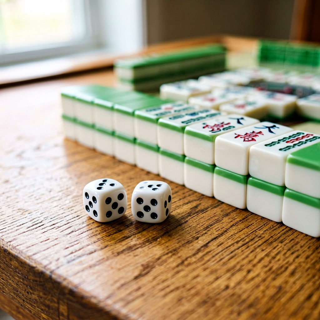 Two dice resting on a table next to stacked mahjong tiles