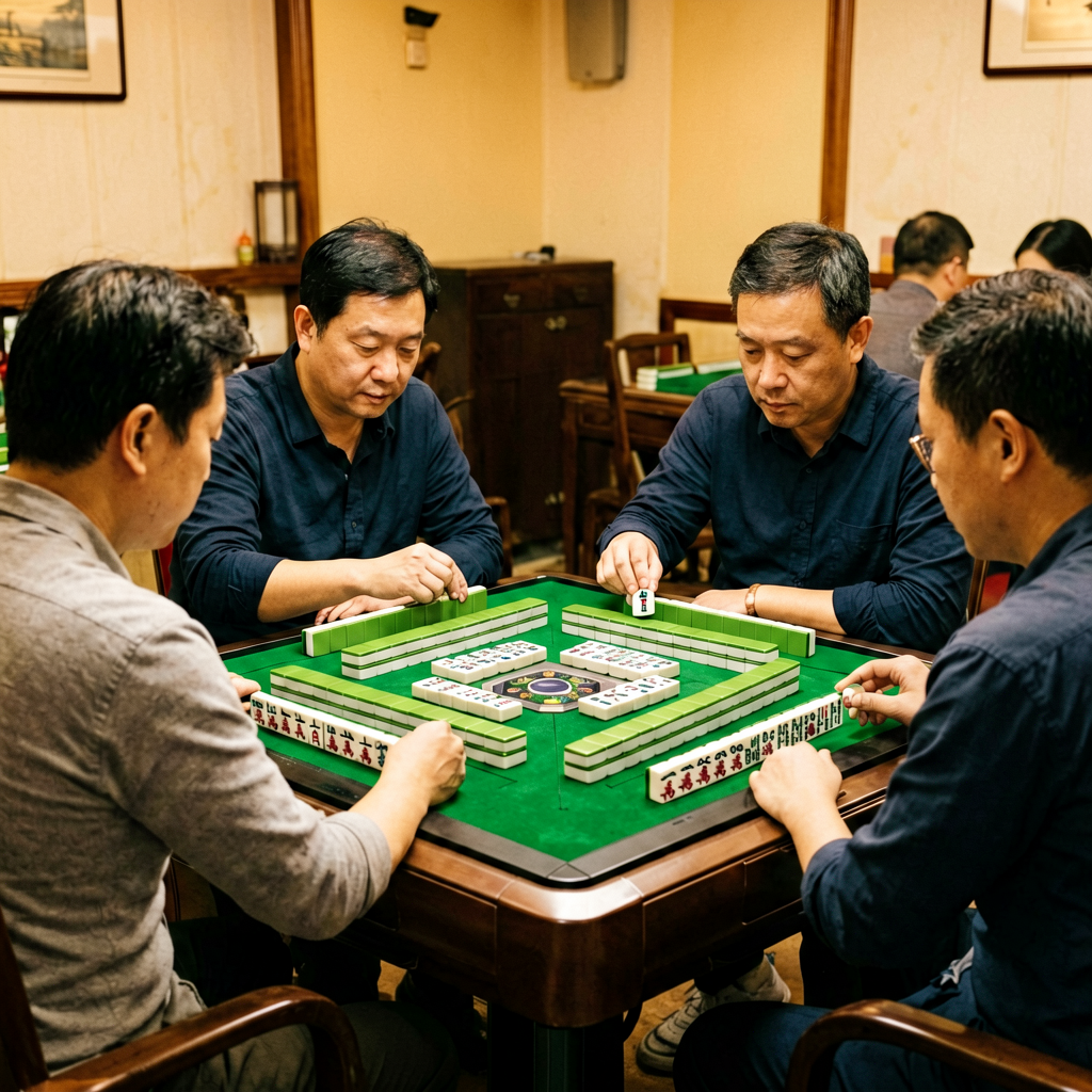 Four players taking their seats around a mahjong table with an East marker
