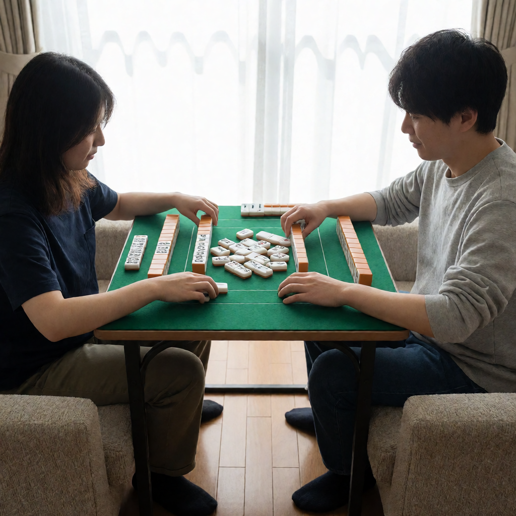 Two people playing American mahjong head to head with two racks