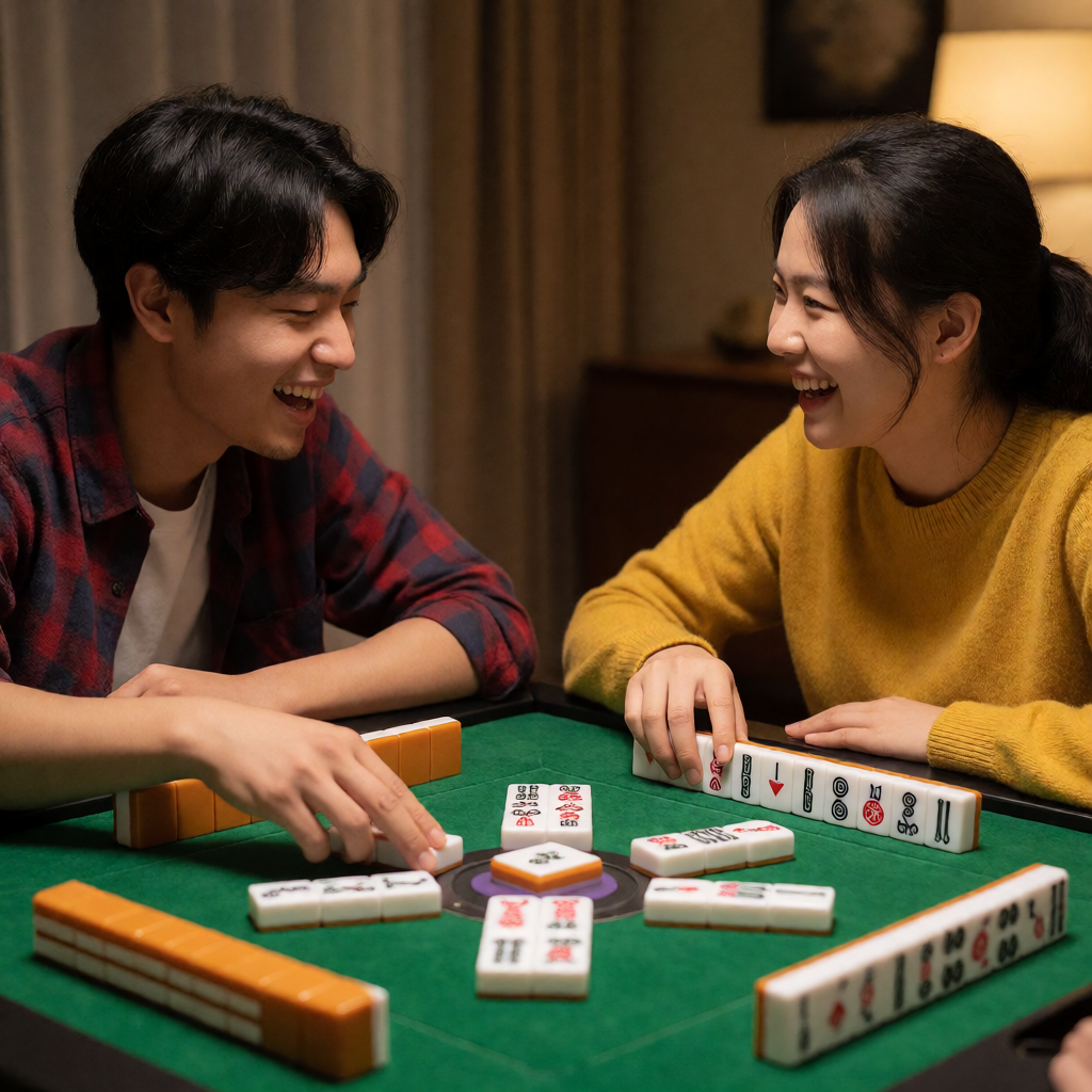 Two friends laughing over an American mahjong hand