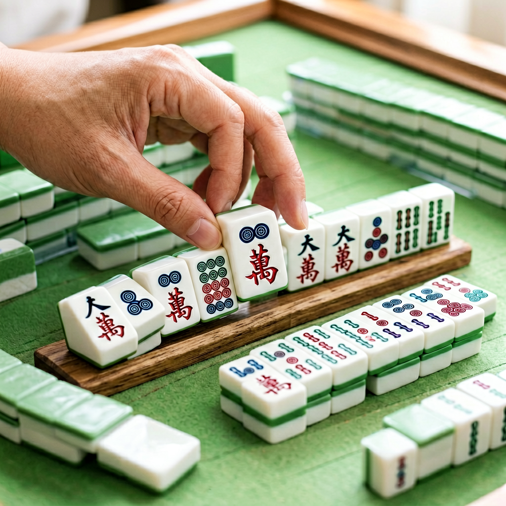 A hand arranging American mahjong tiles by suit and number on a rack