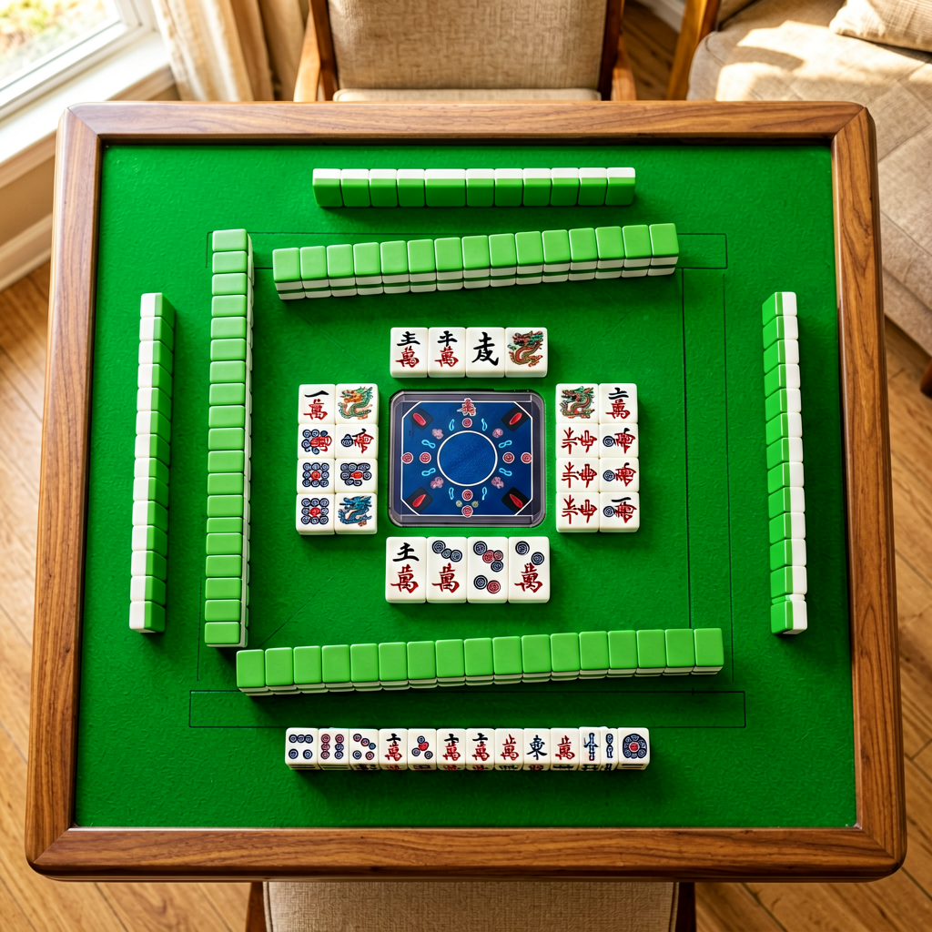 Top-down view of a neatly sorted American mahjong rack