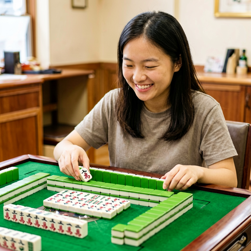 A beginner smiling at a neatly sorted mahjong rack