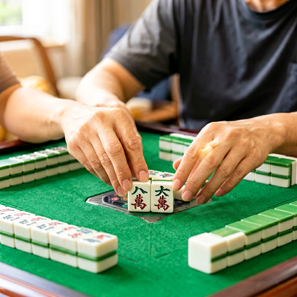 An American mahjong player holding one engraved tile like a lucky charm beside the rack