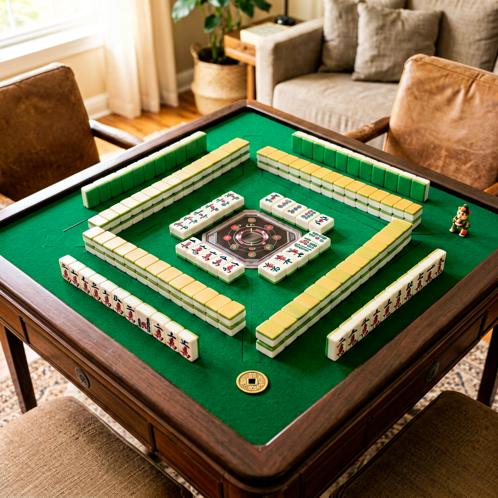 A small lucky coin and a tiny figurine placed near a player's mahjong tile rack on the table
