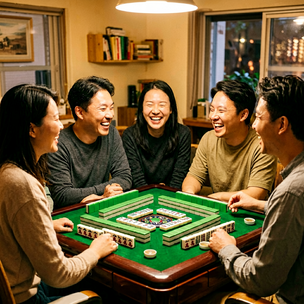 Friends laughing around an American mahjong table with a custom engraved set in a warm community atmosphere
