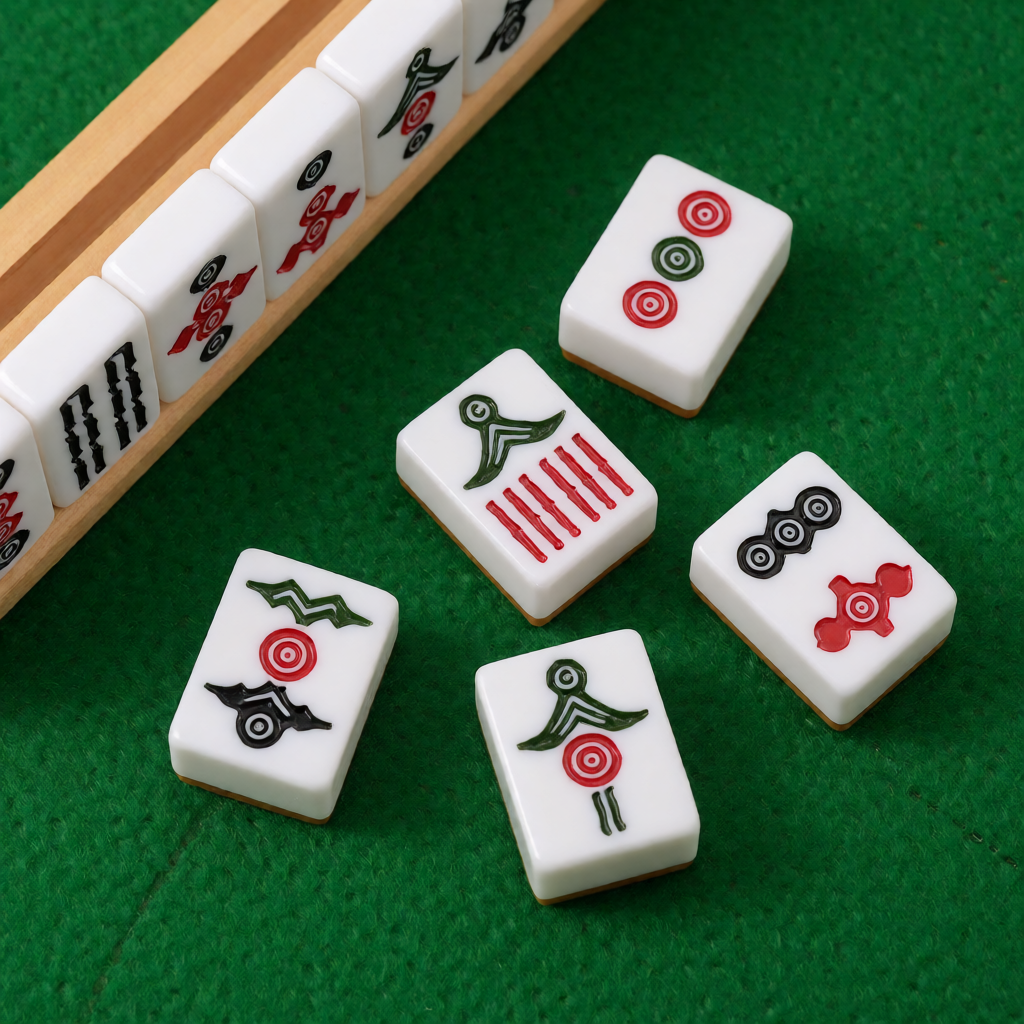 American mahjong tiles resting on a soft green felt table pad