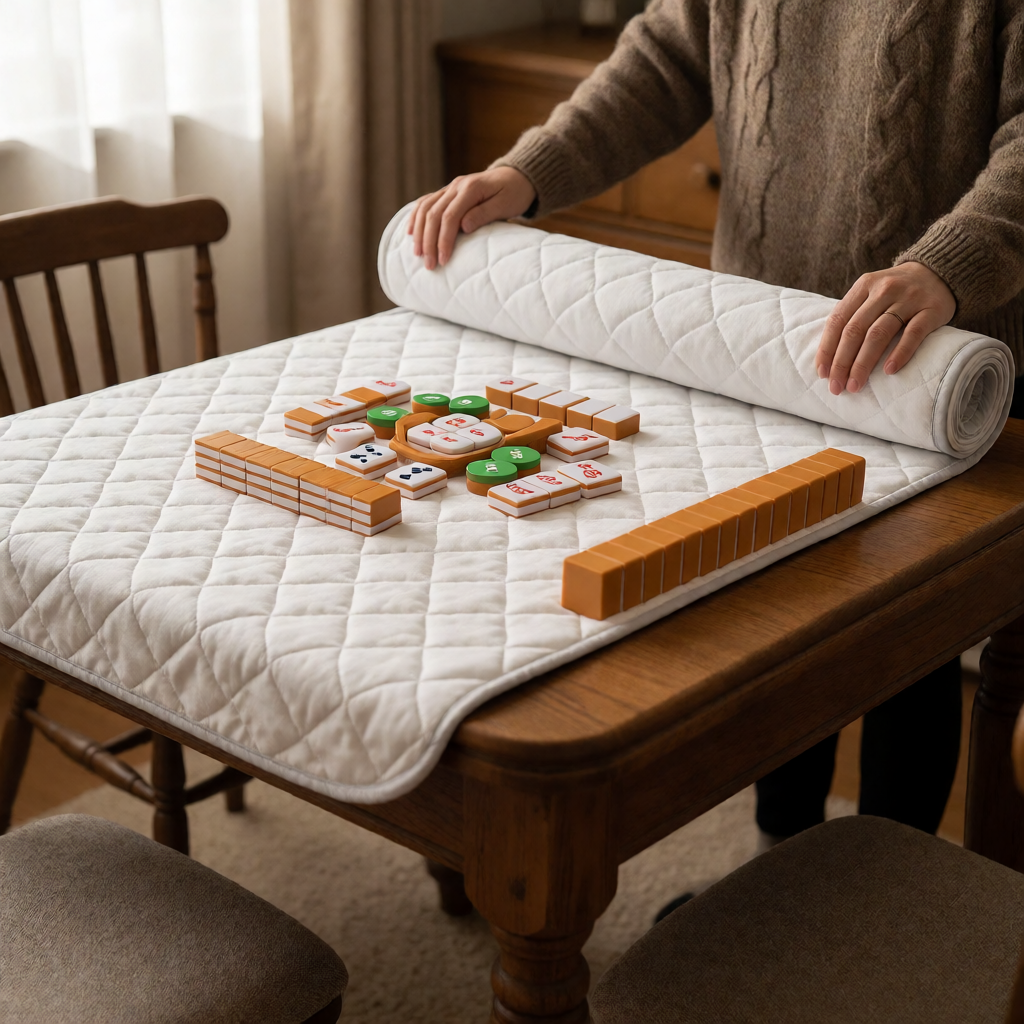 A player unrolling a quilted mahjong table cover before a game