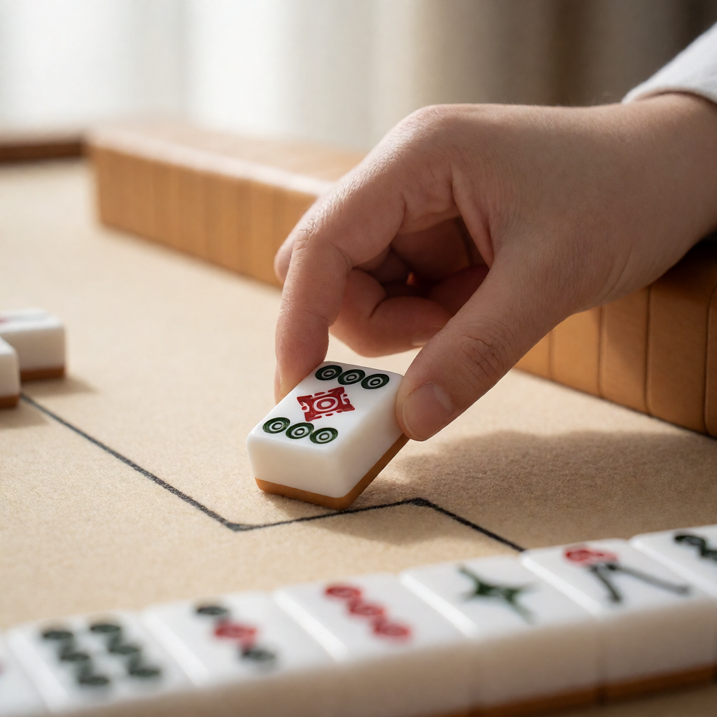 A hand placing a tile gently onto a padded mahjong mat