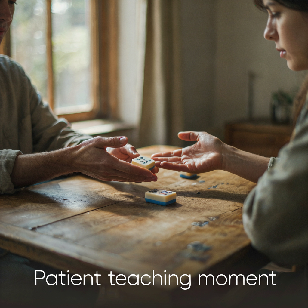 A person handing an American mahjong tile to a friend across a table