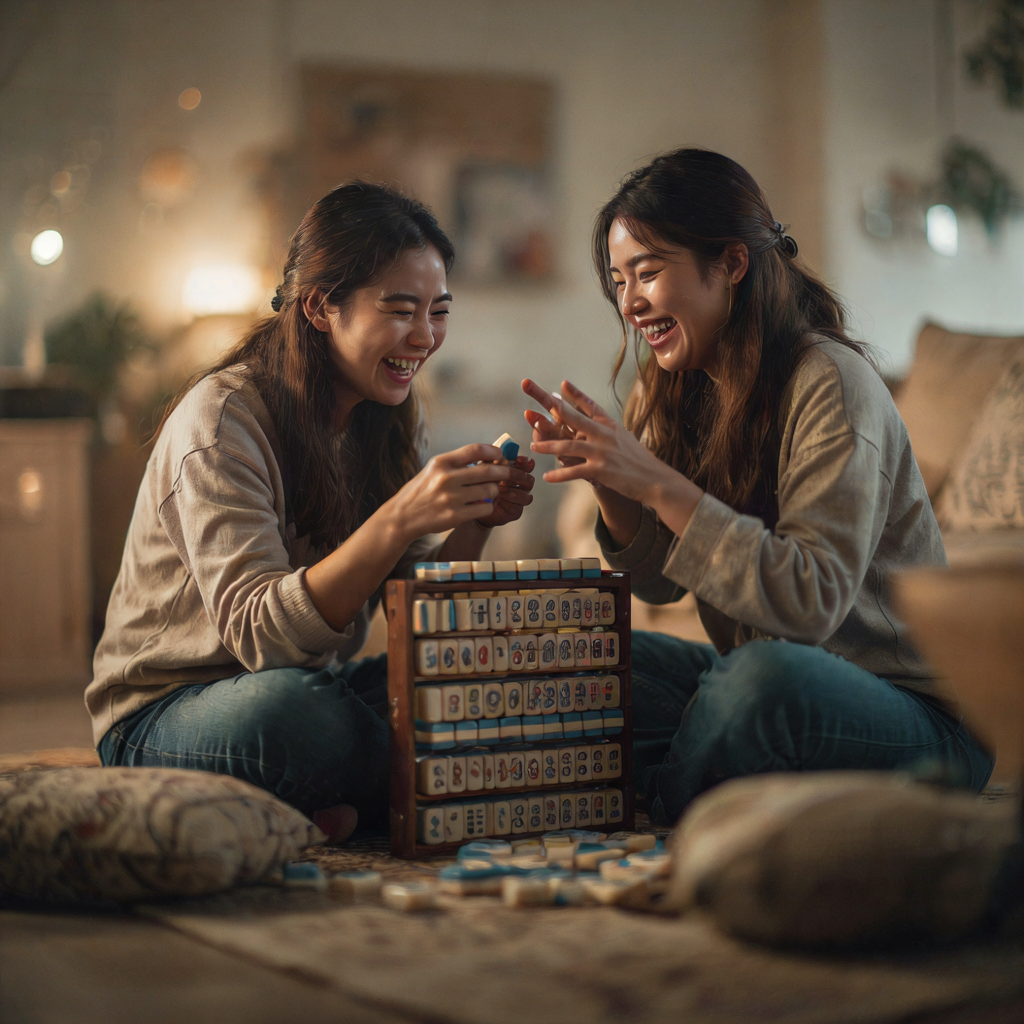 Two friends laughing over an American mahjong rack mid-game