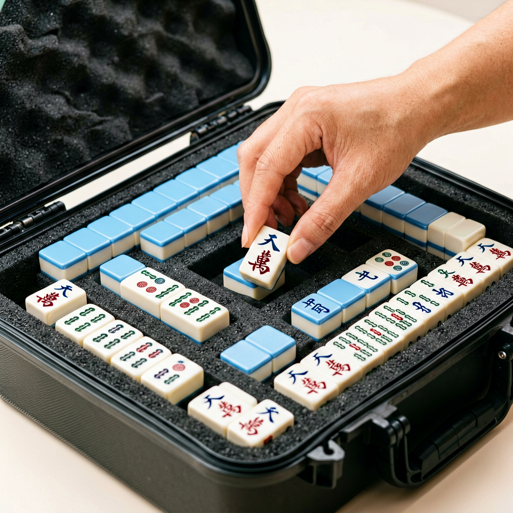 American mahjong tiles packed into a padded travel case