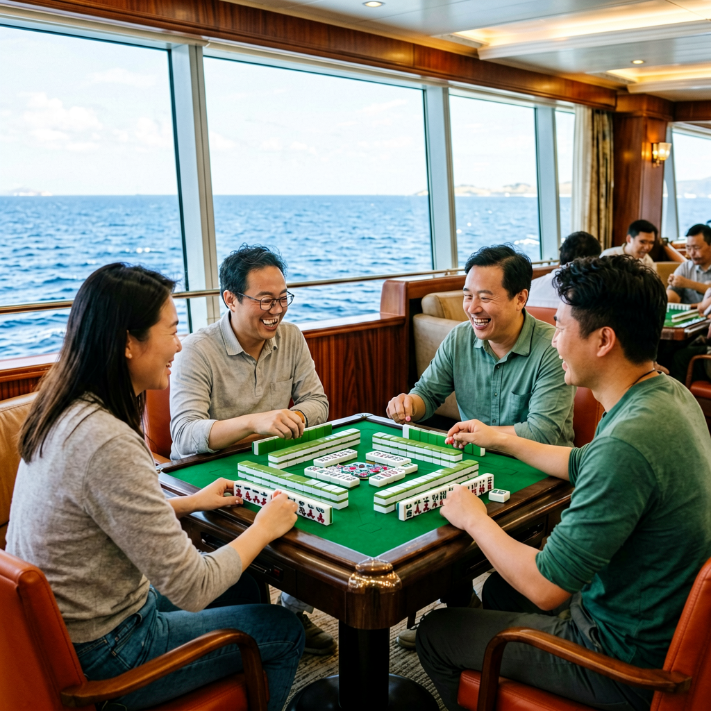 Friends playing American mahjong on a cruise ship