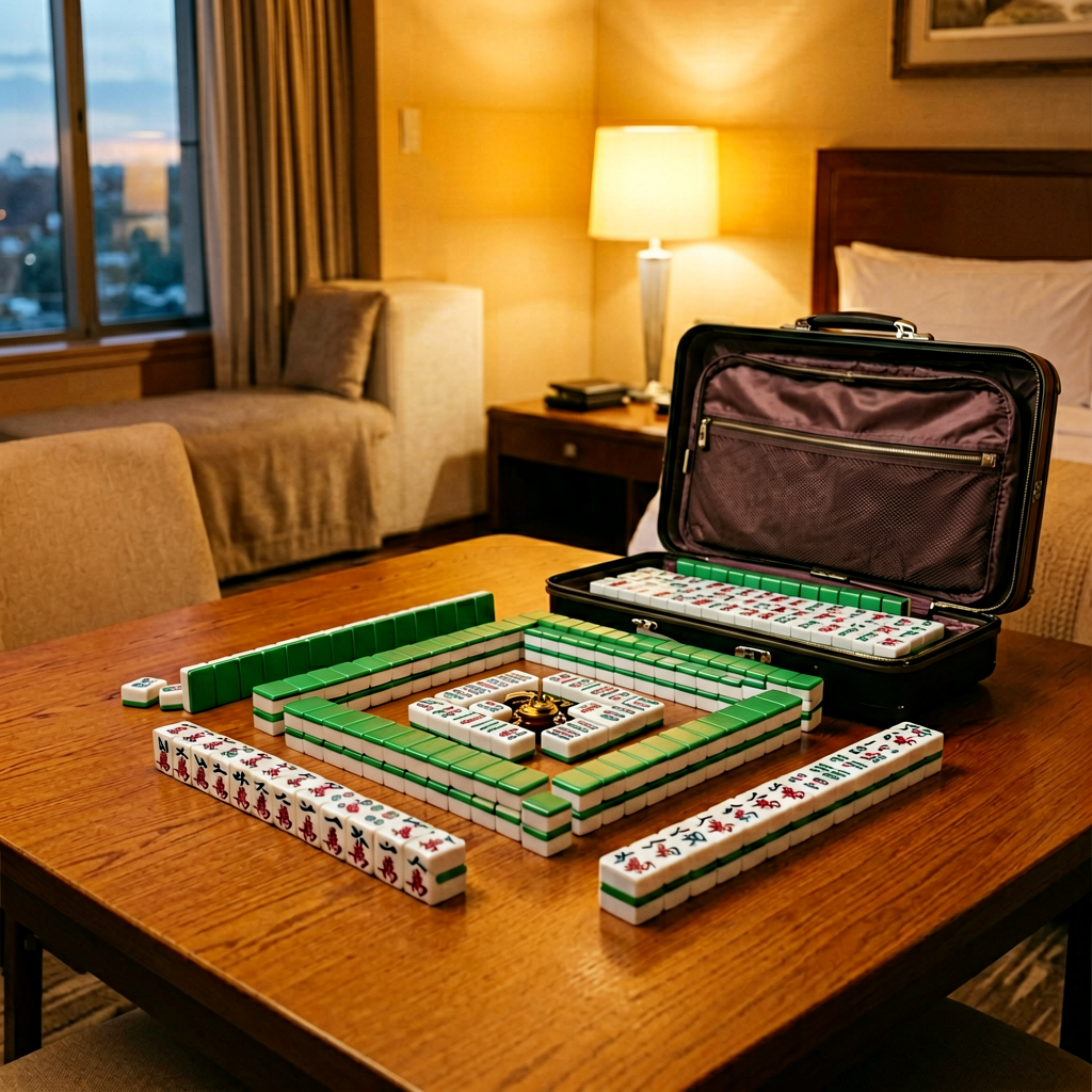 Mahjong tiles set up on a hotel table
