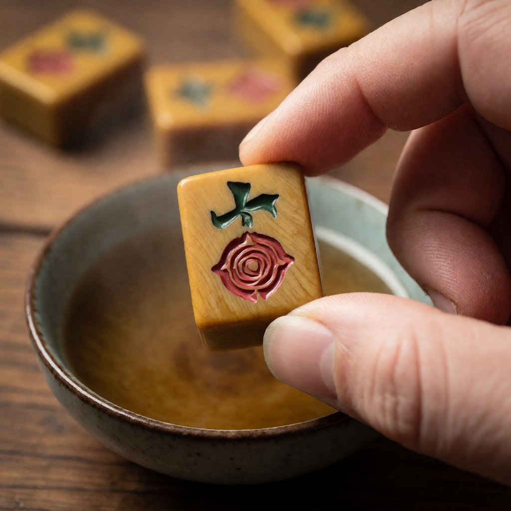 Testing a vintage bakelite mahjite tile with hot water