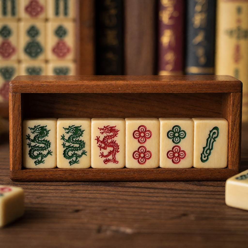 A display case of colorful vintage bakelite mahjong tiles