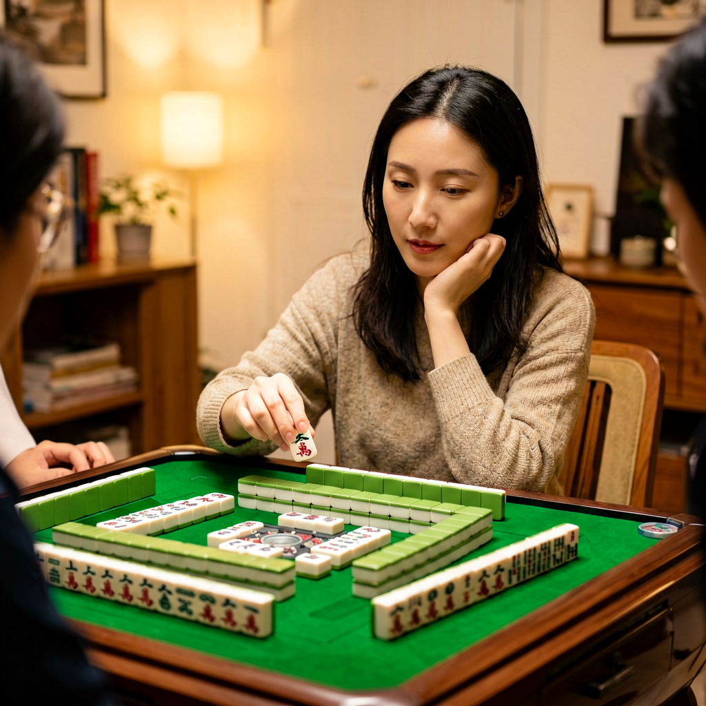 A player pausing over her rack, deciding which tile to discard