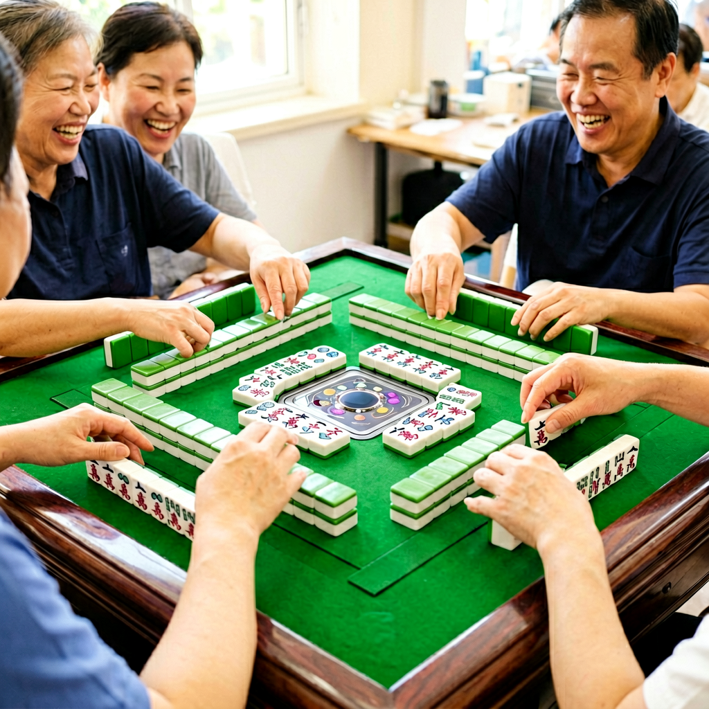 Four pairs of hands shuffling mahjong tiles face down to start a new hand