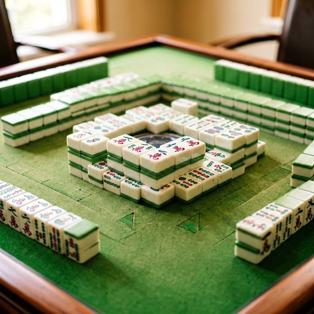 The last few stacks of mahjong tiles left in the center of the table